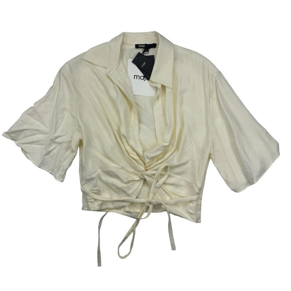 Maje Lucile Front Tie V-Neck Short Sleeve Top Blouse  Ecru Ivory Size 1 | S